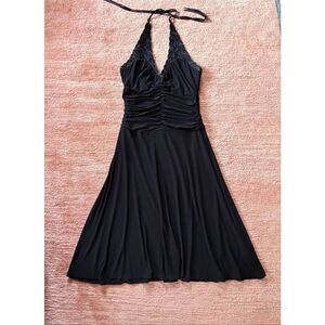 ALGO Black Halter Ruched Lace Trim Midi Dress Size 10